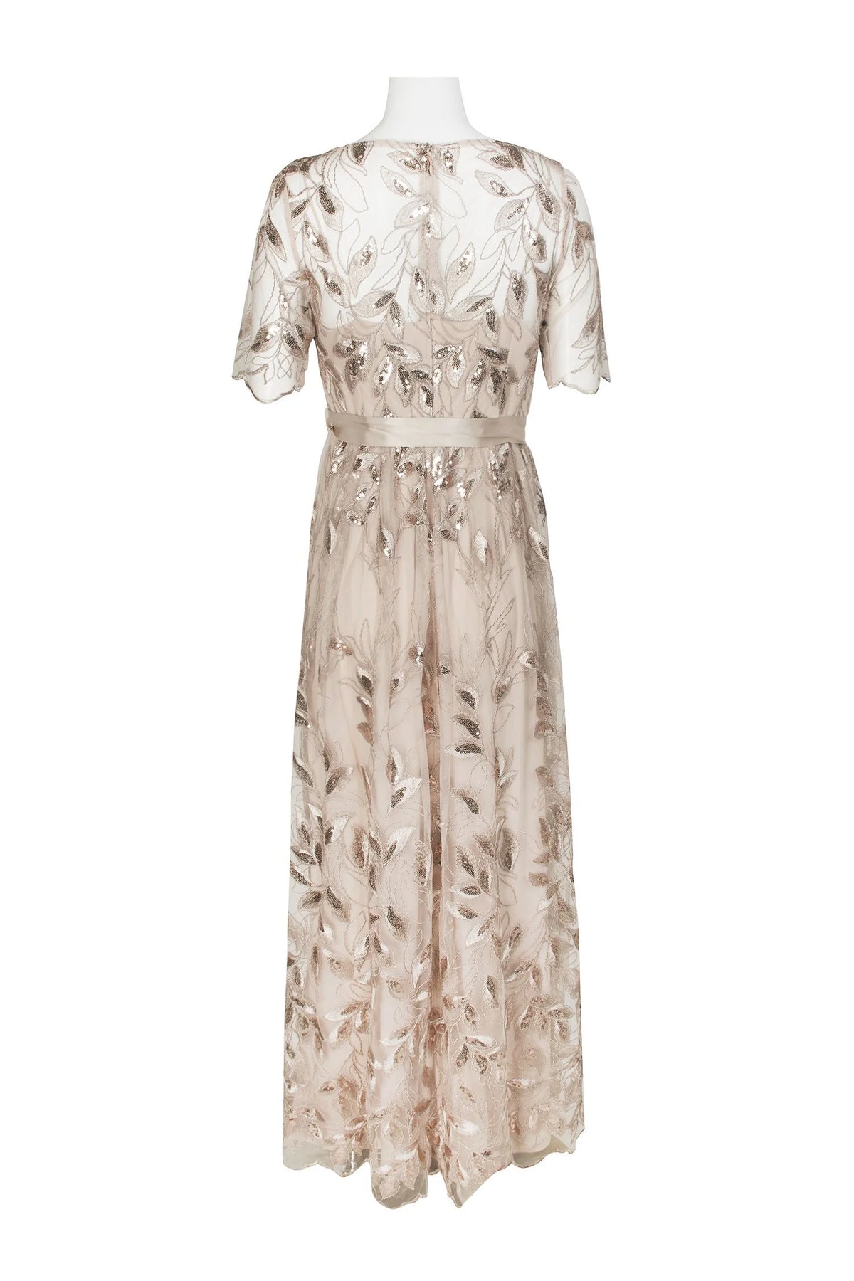 Champagne Gold V-Neck Short Sleeve Embellished Long Mesh Dress L984
