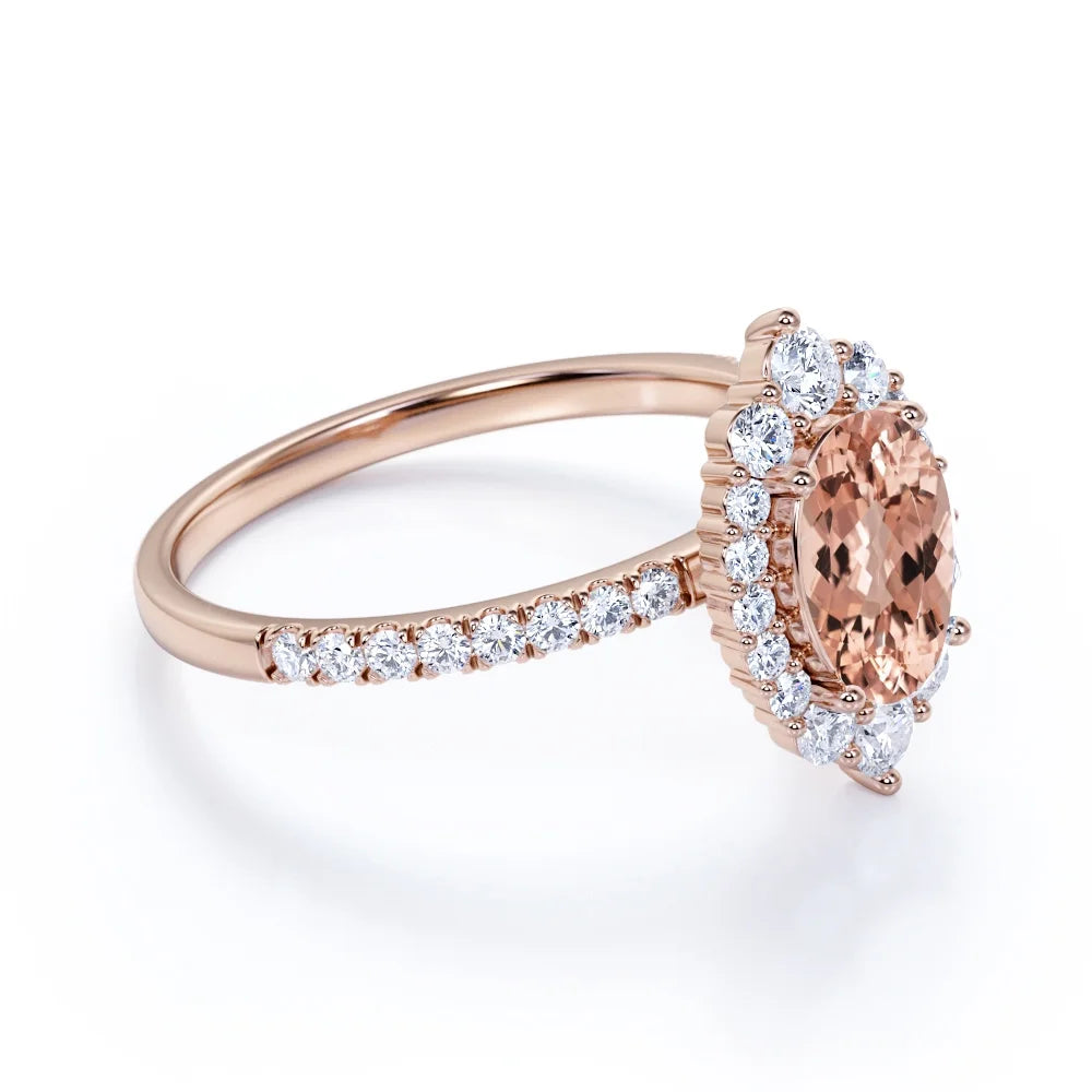 Vintage Oval Created Morganite and Moissanite Halo Promise Ring in 18K Rose Gold over Silver W94264