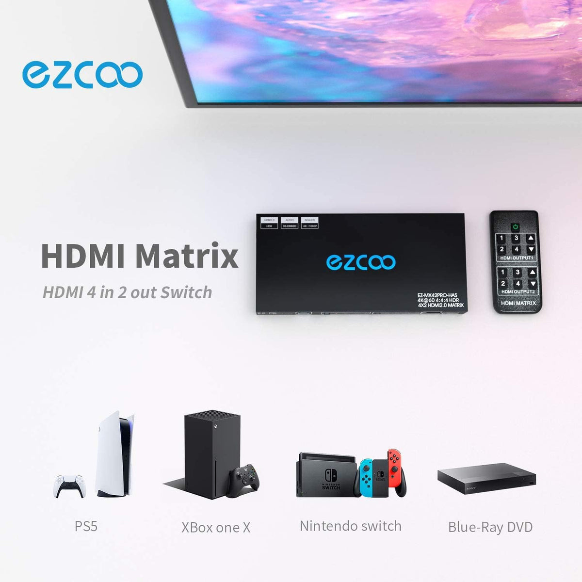 HDMI Matrix 4 In 2 Out 4K 60Hz HDR 10 SPDIF 5.1CH Audio Extractor B694