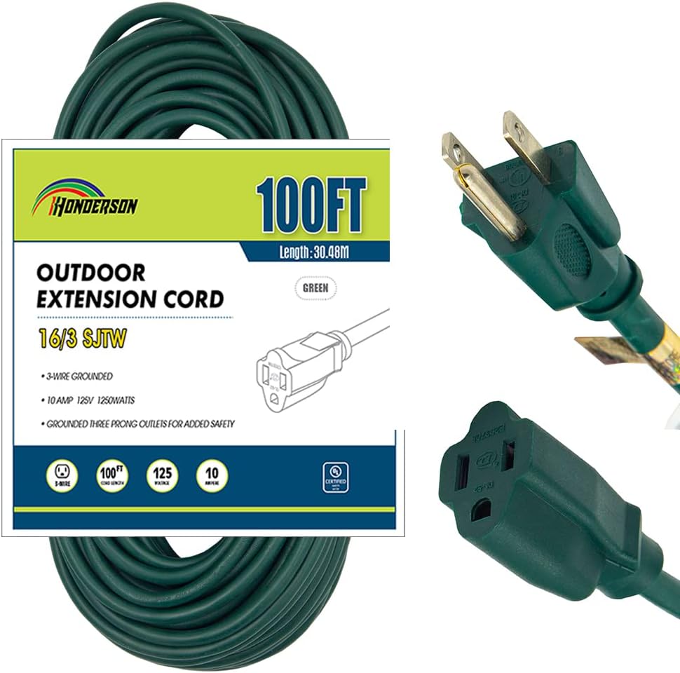 100 Ft Weatherproof 16/3 SJTW Green Extension Cord with 3 Prong Grounded Plug Y174