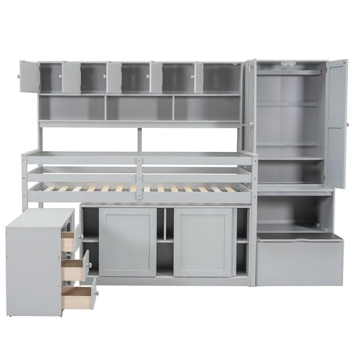 White Low Wood Loft Bed Twin Size with Rolling Desk and Drawers P1324