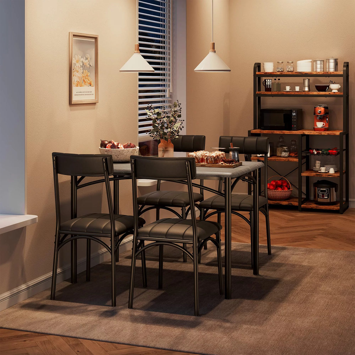 5 Piece Metal and Wood Dining Table Set with 4 Upholstered Chairs H80603
