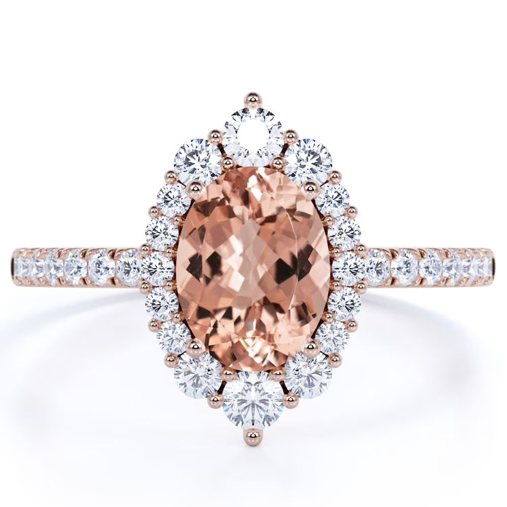 Vintage Oval Created Morganite and Moissanite Halo Promise Ring in 18K Rose Gold over Silver W94264
