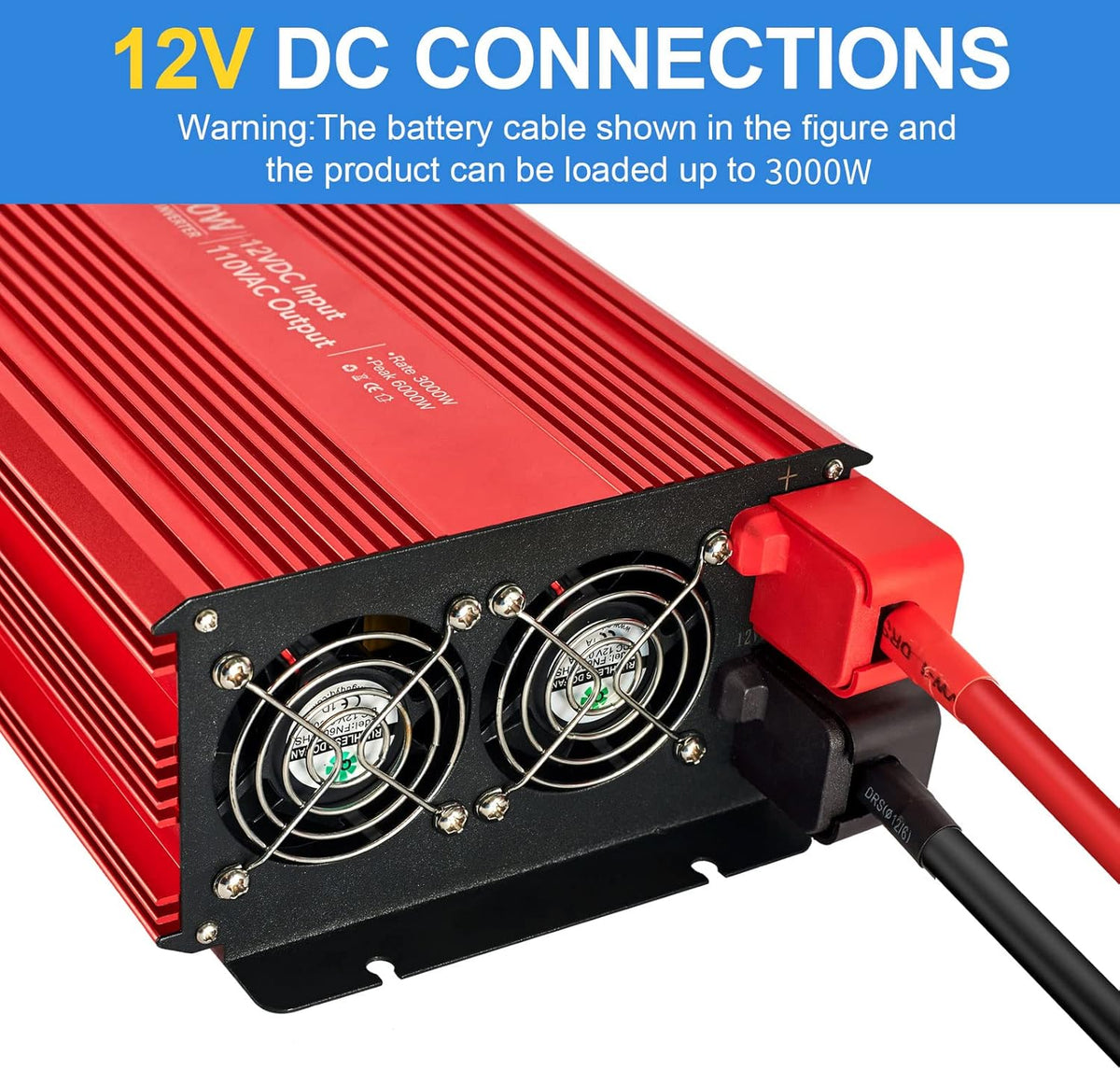 3000W Power Inverter with Dual AC Outlets & USB Port, DC12 to 24V, Modified Sine Wave C4567
