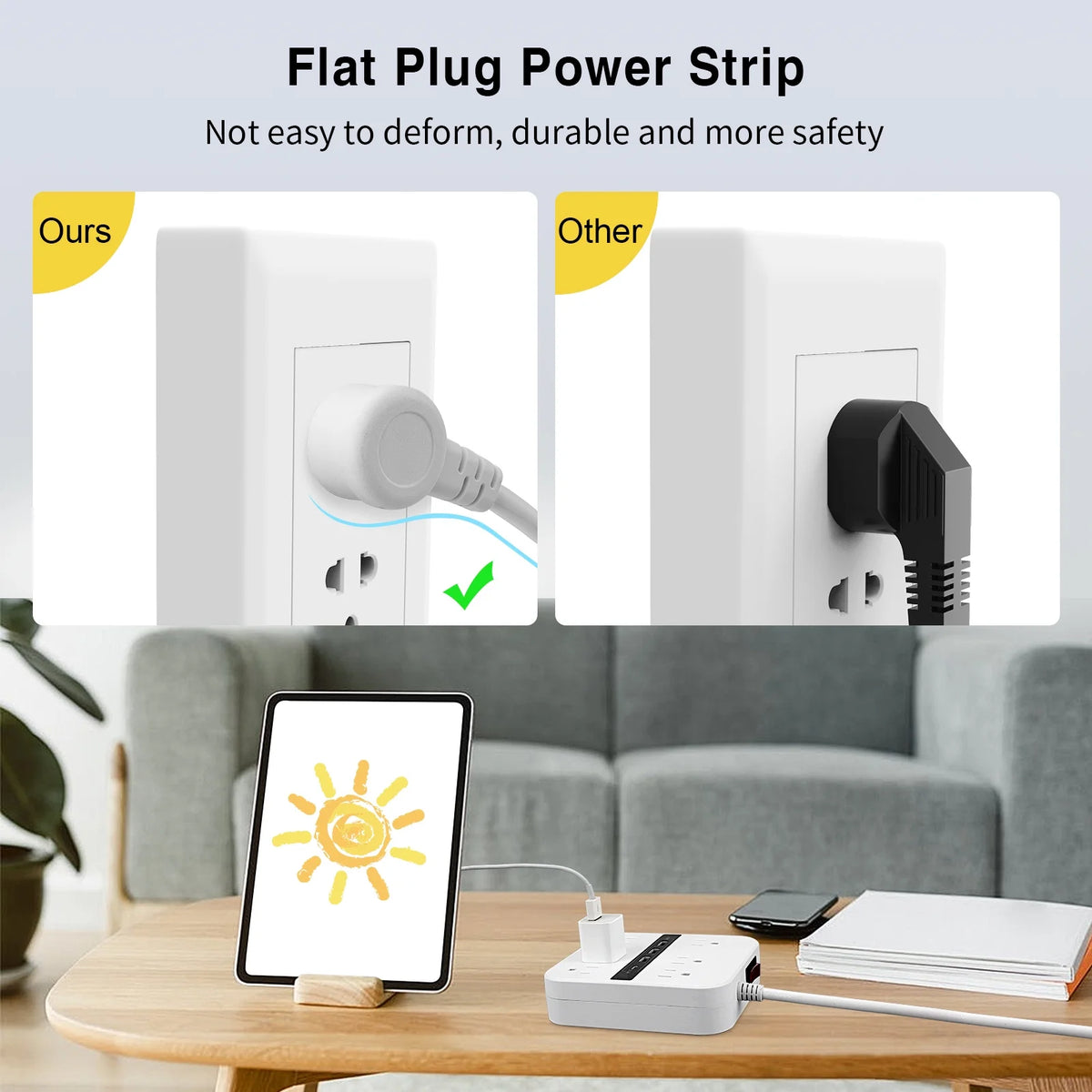 6 Outlets 4 USB Ports Surge Protector Power Strip with 6.6ft White Flat Extension Cord M209093