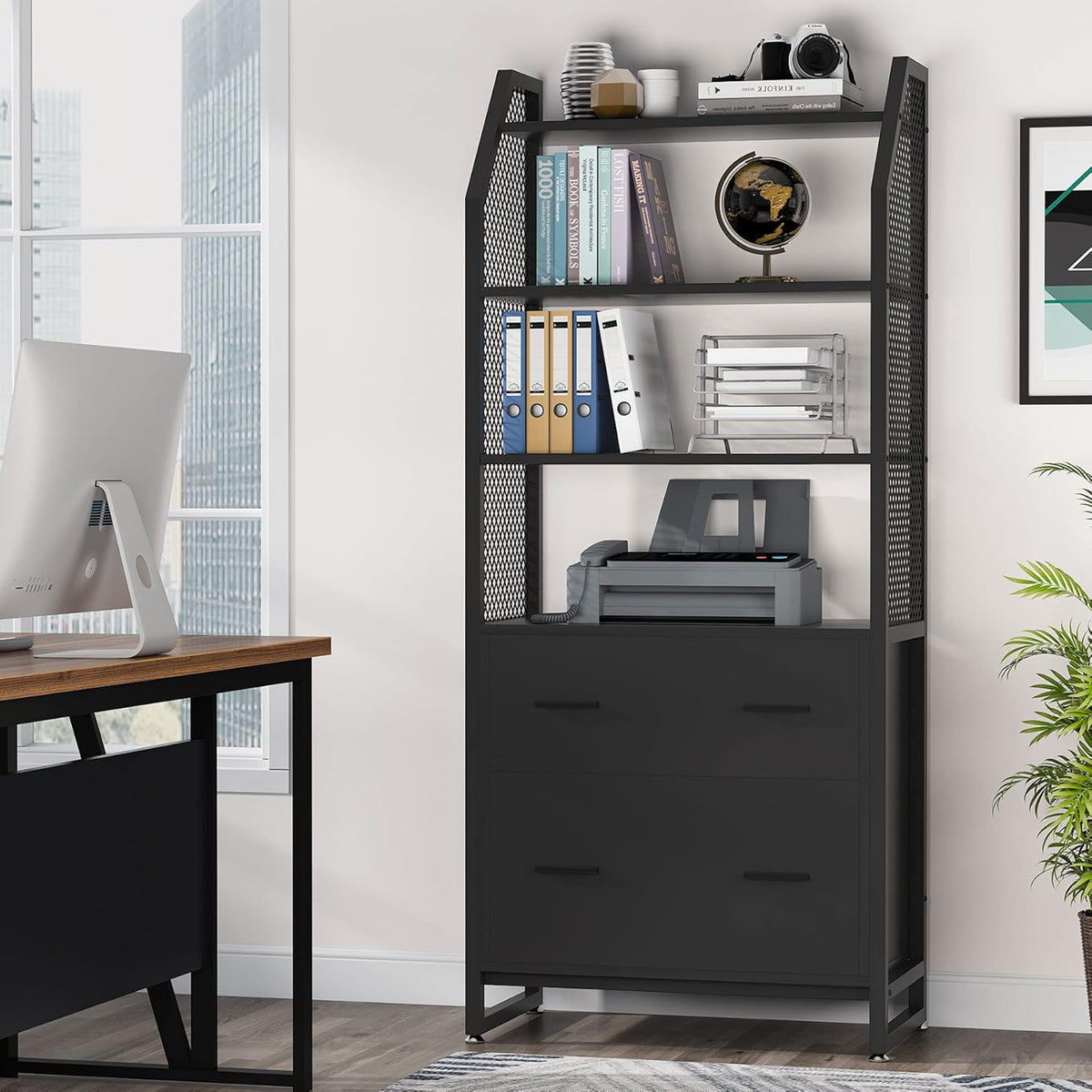 Black 2 Drawer File Cabinet with Bookshelf R877