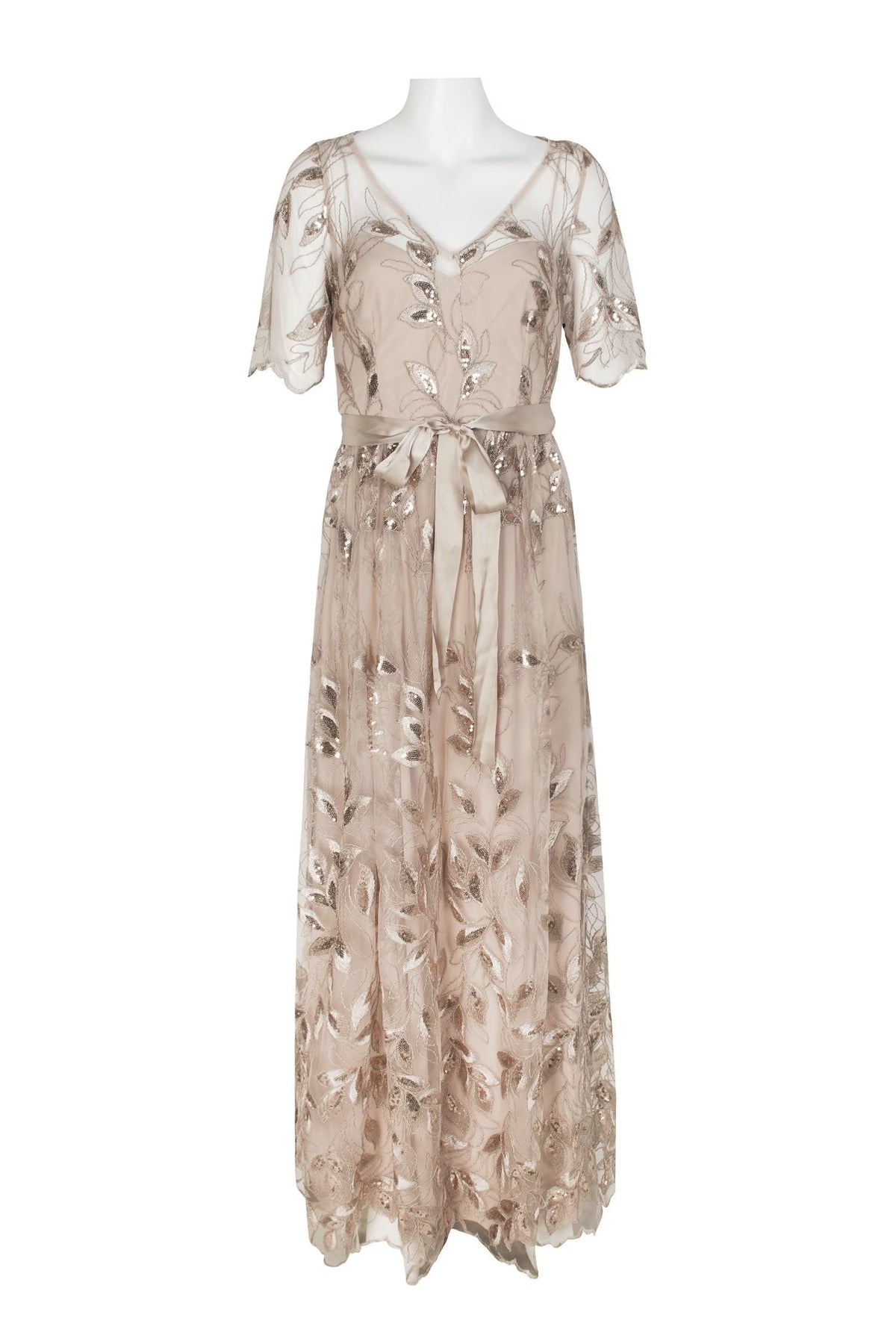 Champagne Gold V-Neck Short Sleeve Embellished Long Mesh Dress L984