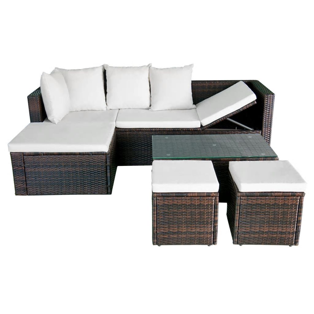 4 Piece Outdoor Corner Sofa with Coffee Table and 2 Ottomans Brown Poly Rattan W61935