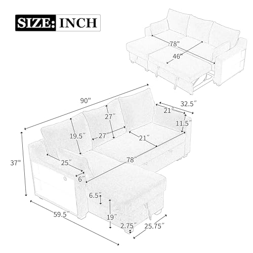 90" L-Shaped Sleeper Sofa with Storage Chaise T266