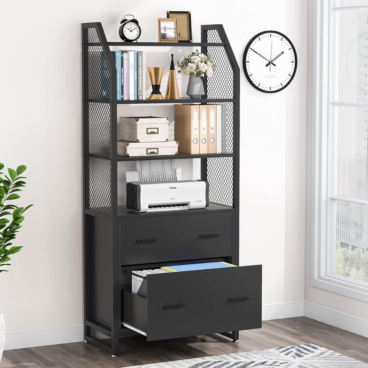 Black 2 Drawer File Cabinet with Bookshelf R877
