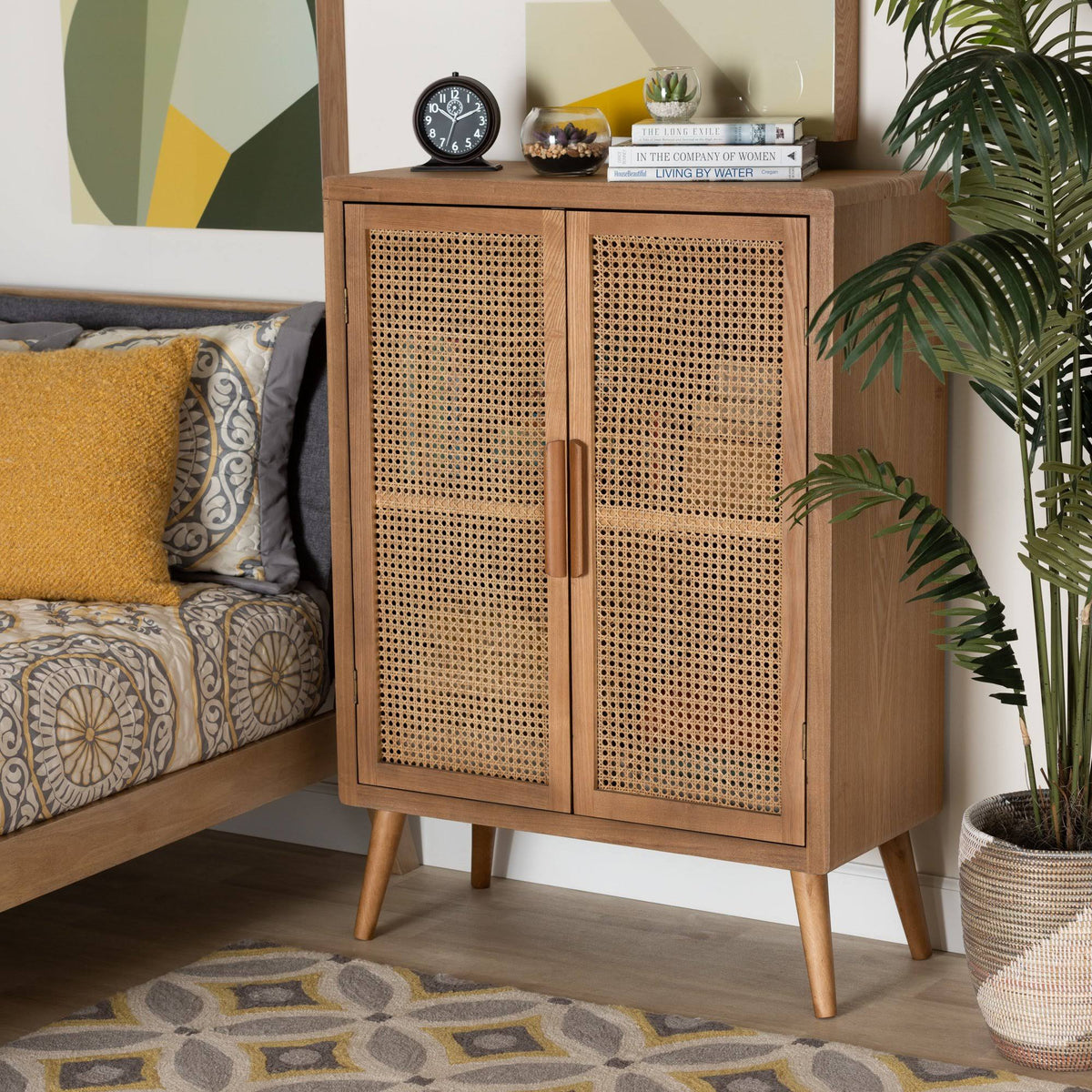 Oak Wood and Rattan 2-Door Accent Storage Cabinet G16231