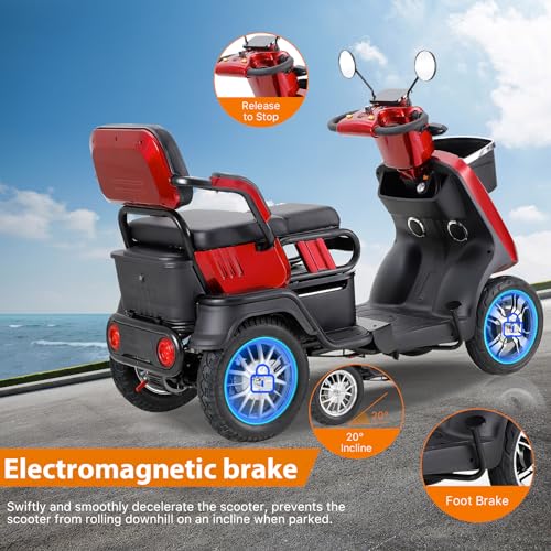 Red 4 Wheel All Terrain Mobility Scooter with 2 Seats, 500lbs Capacity Y1585