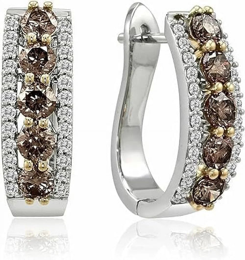 1.20 Ct Chocolate and White Diamond Hoop Earrings 14k White Gold Over 925 Sterling Silver D149