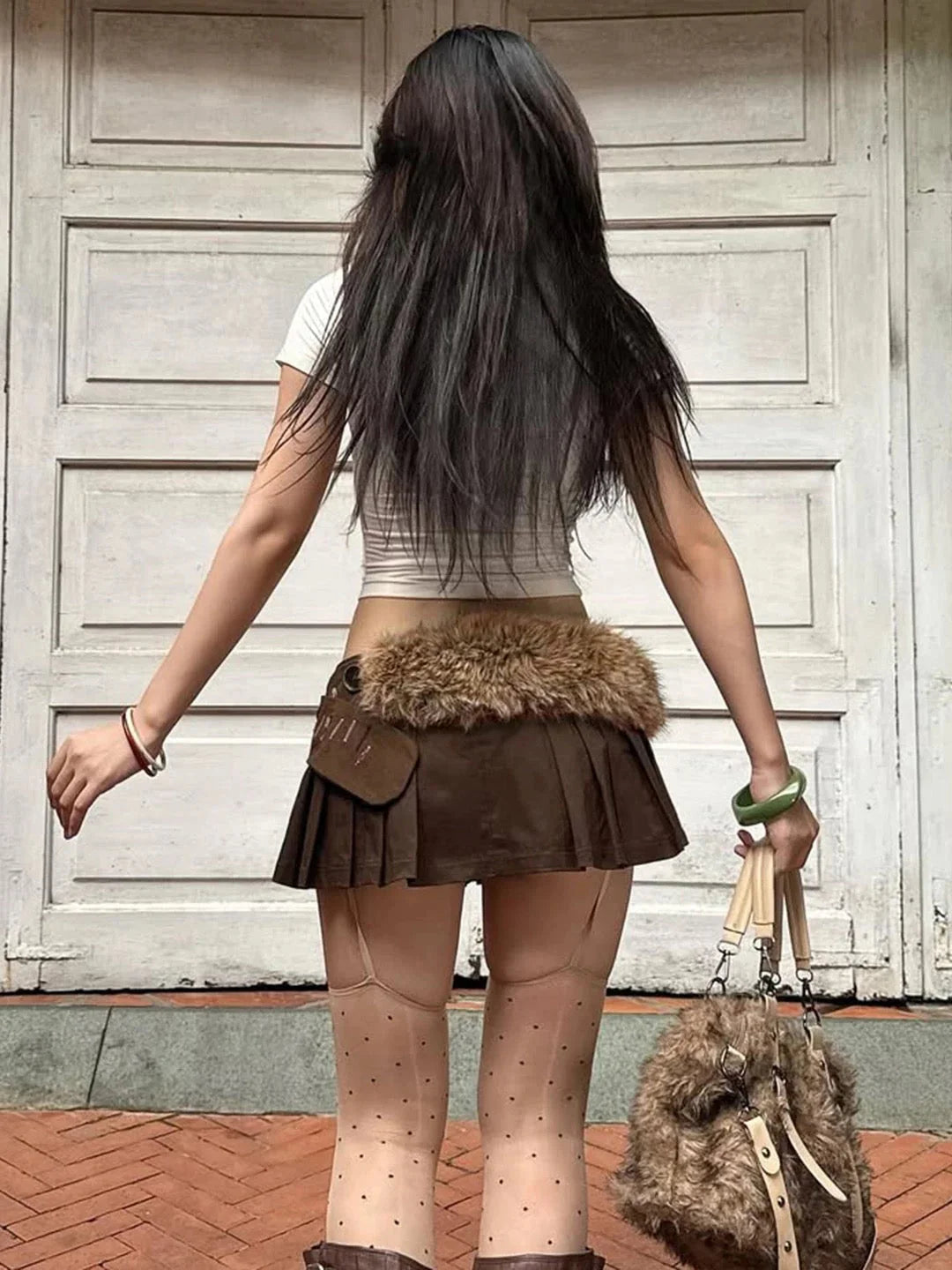 Lace Up Fur Belt Mini Skirt S3498