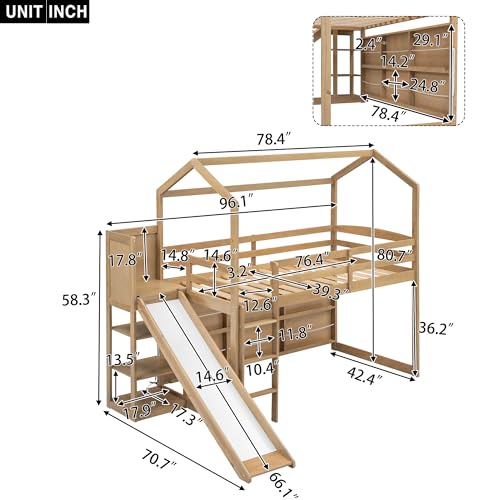 Twin Wood Loft Bed with Slide and Storage Shelves Y18162