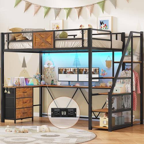 Twin Size White Metal Loft Bed with Desk and Wardrobe F365