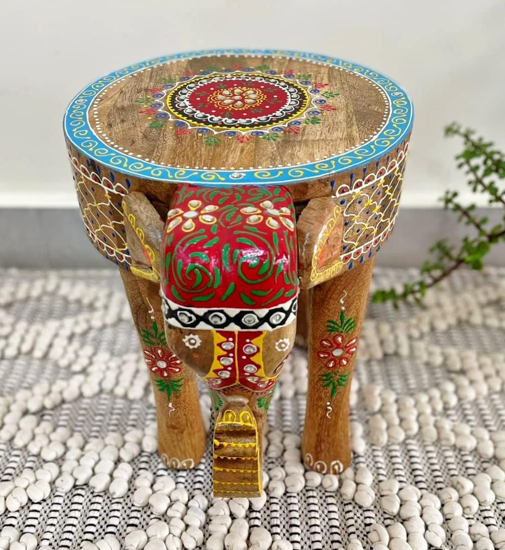 Multicolor Hand Painted Wooden Elephant Stool F861654