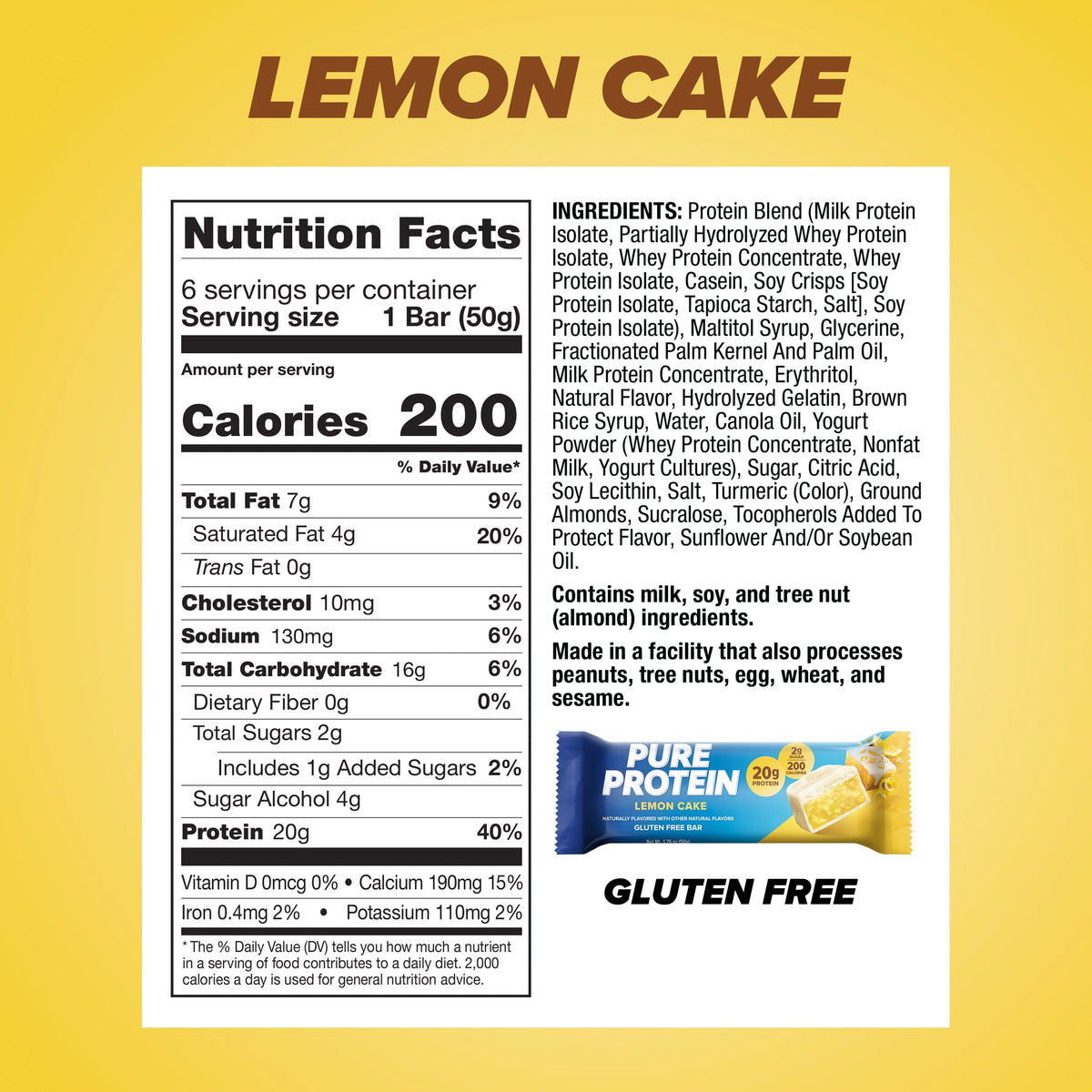Lemon Cake Protein Bars, 20g Protein, Gluten Free, 1.76 oz, 6 Ct M6216