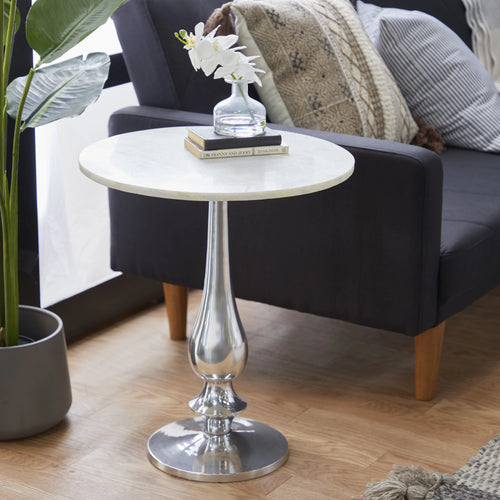 20" x 24" White Marble Accent Table with Silver Aluminium Base H605