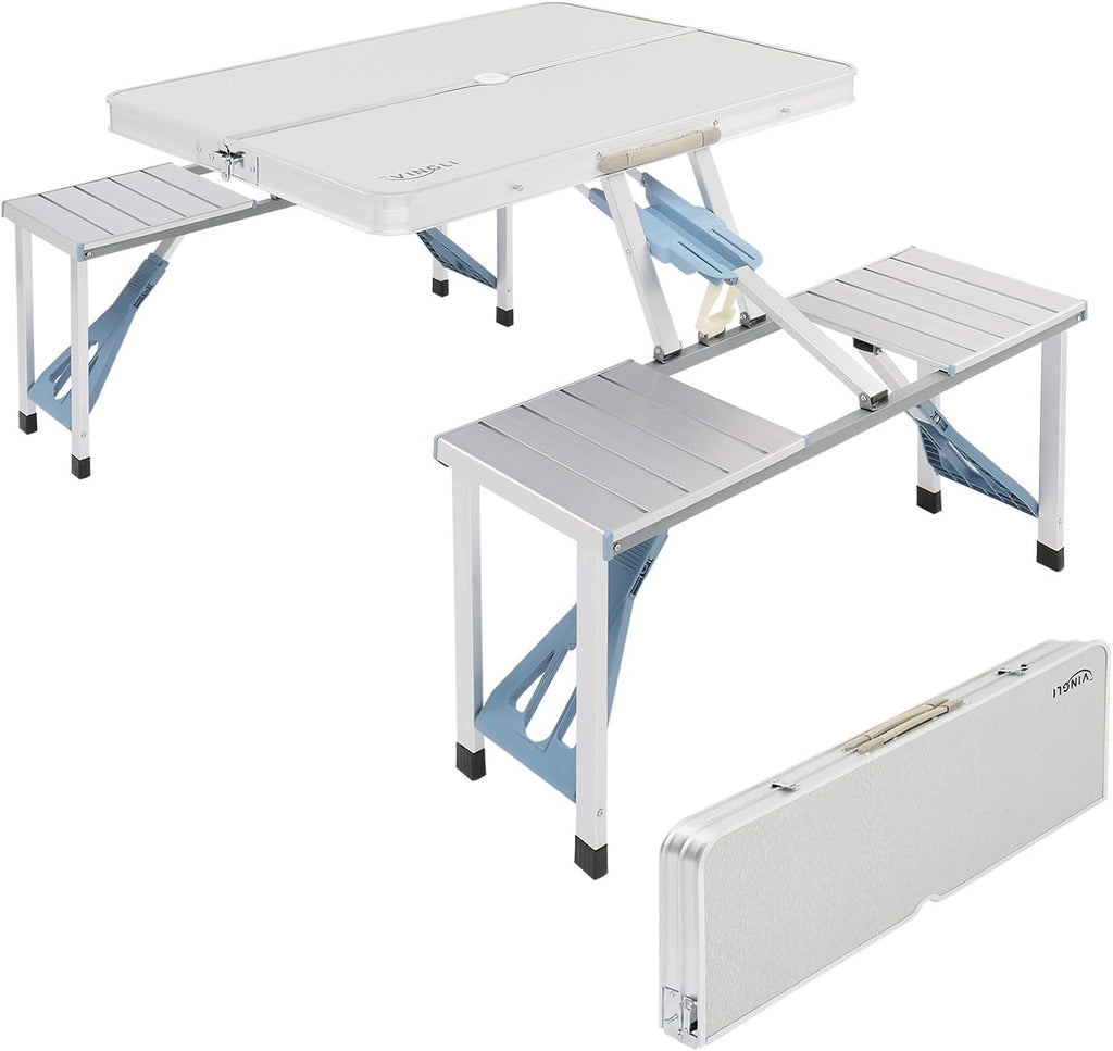 Folding Camping Picnic Table with 4 Seats with Patio Umbrella Hole, Portable Table Aluminum Alloy Frame P8805