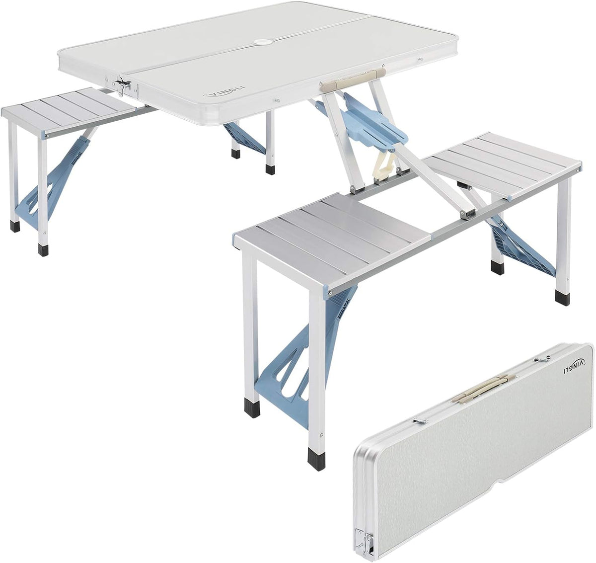Folding Camping Picnic Table with 4 Seats with Patio Umbrella Hole, Portable Table Aluminum Alloy Frame P8805