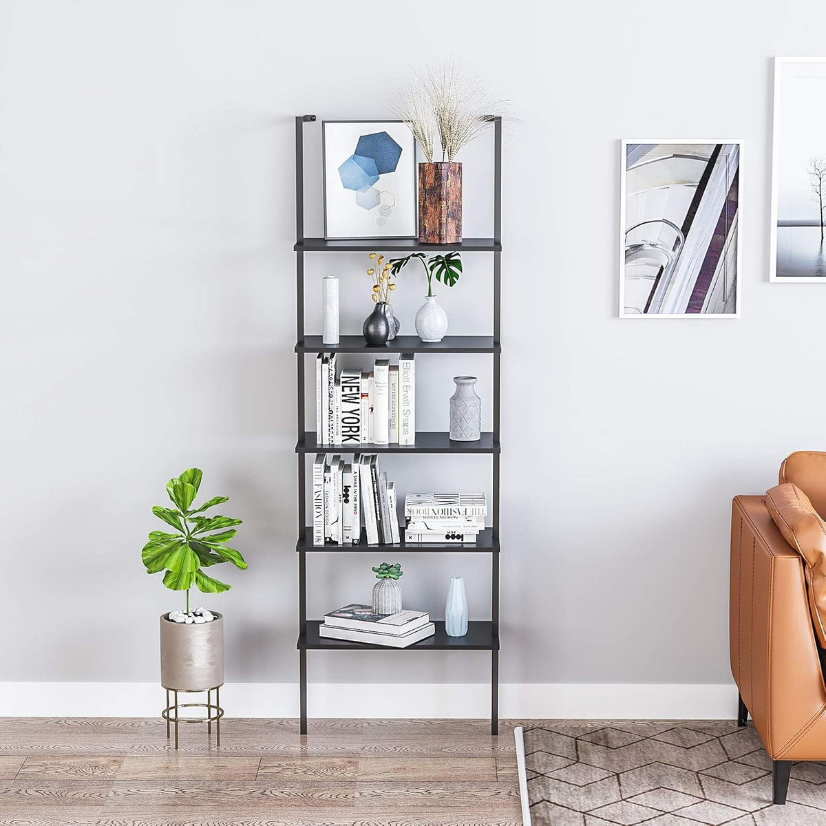 5-Shelf Black Wood Bookcase with Metal Frame B624087