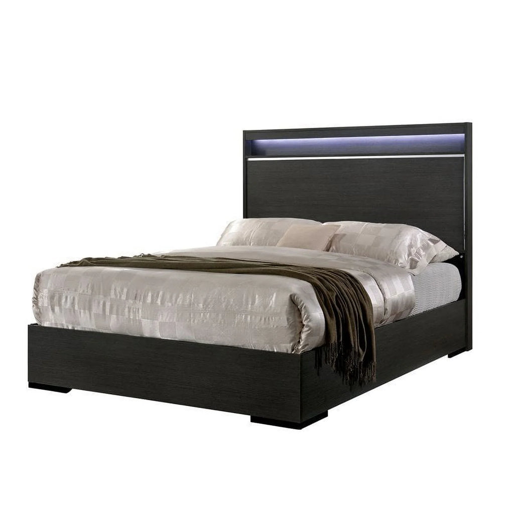 Warm Gray Wood King Panel Bed with LED Lights W92002