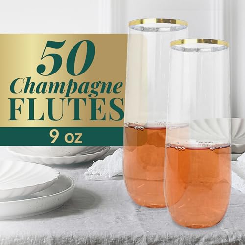 50 Pack 9oz Clear Gold Rim Stemless Plastic Champagne Flutes Q420