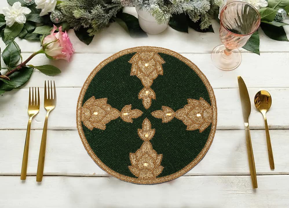 Green Gold Beaded Placemat 13 Inch Round Q72731