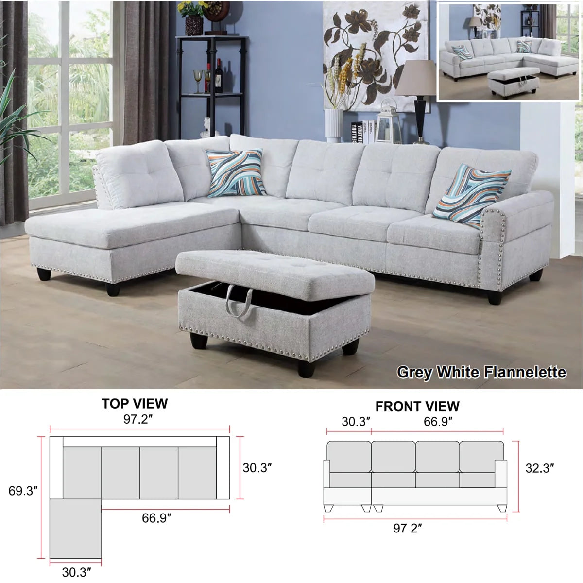 Linen Fabric Sectional Sofa with Storage Ottoman & Toss Pillows O726960