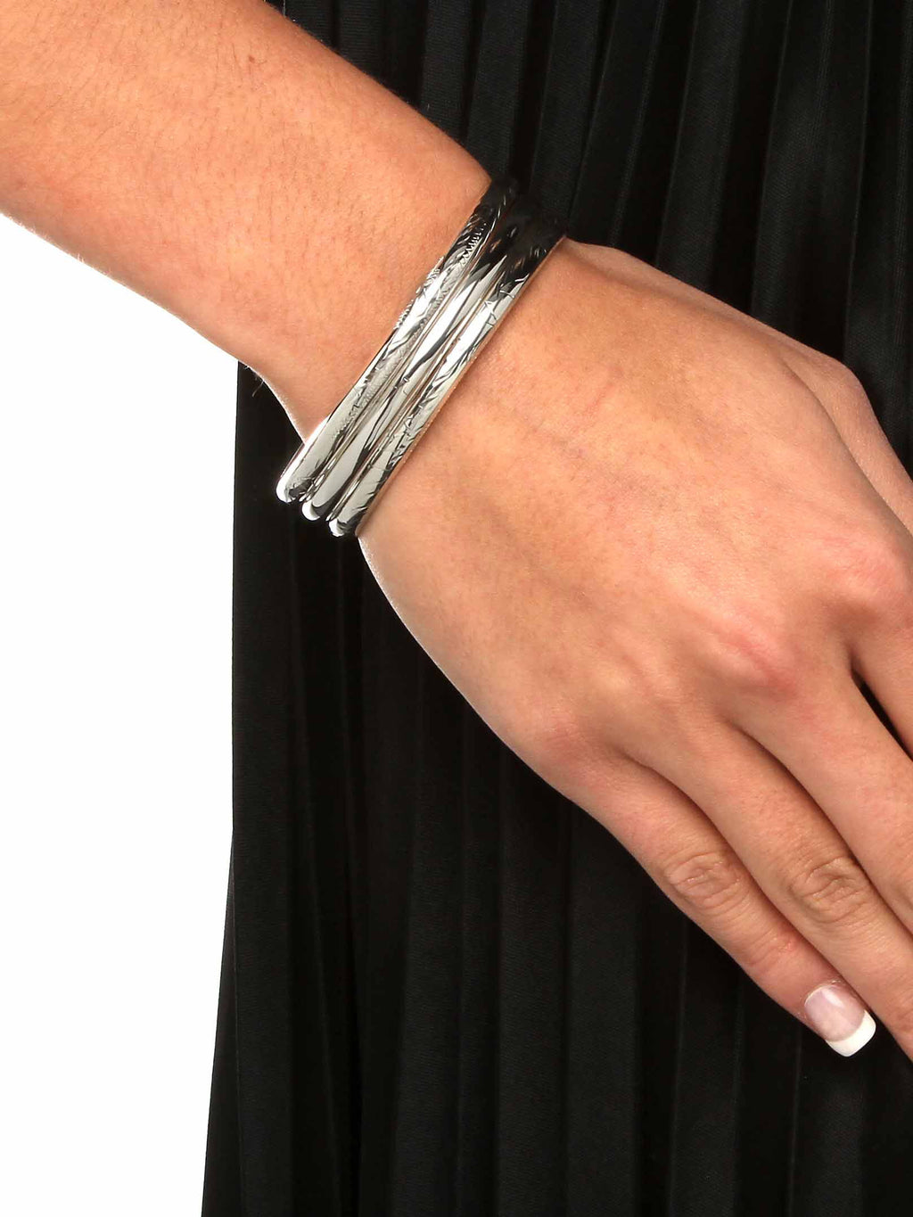 Polished Engraved Floral Three-Piece Bangle Set in Yellow Gold-Plated or Sterling Silver A821043