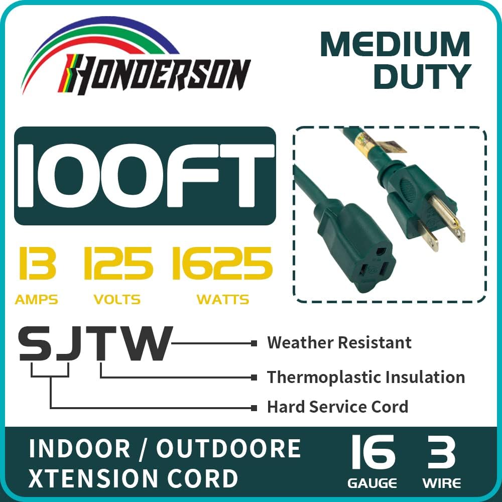 100 Ft Weatherproof 16/3 SJTW Green Extension Cord with 3 Prong Grounded Plug Y174