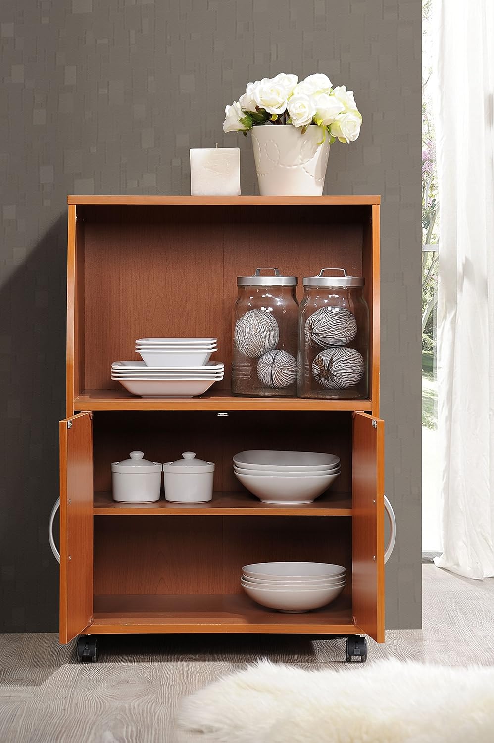 Cherry Microwave Cart with Two Doors and Shelf F959361