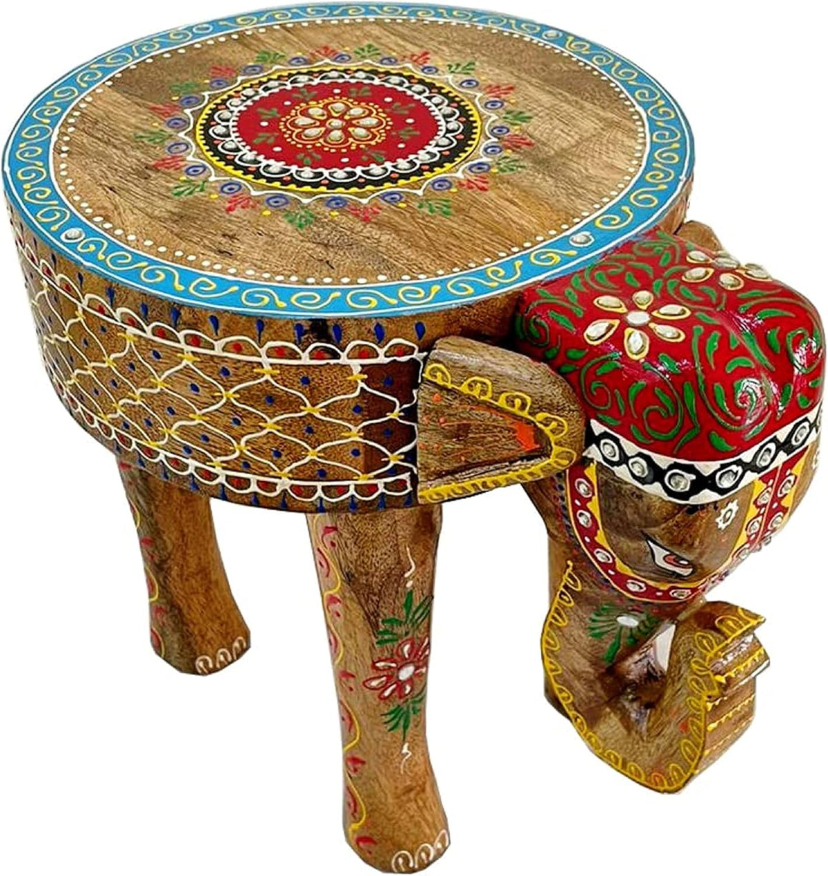 Multicolor Hand Painted Wooden Elephant Stool F861654
