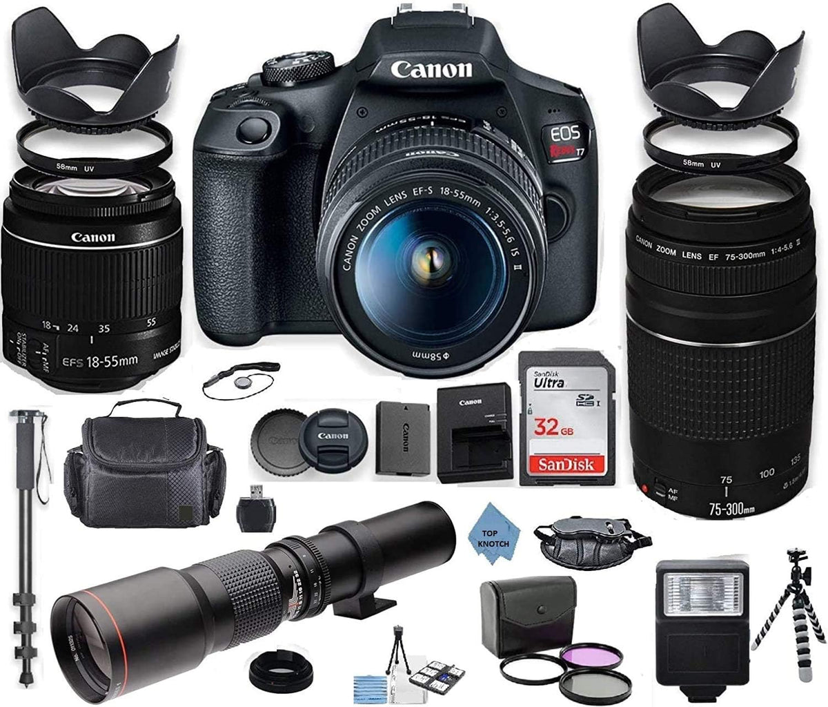 DSLR Camera with 18-55mm Lens and 75-300mm Lens and 500mm Preset Lens and 32GB Memory and Filters and Monopod D2625