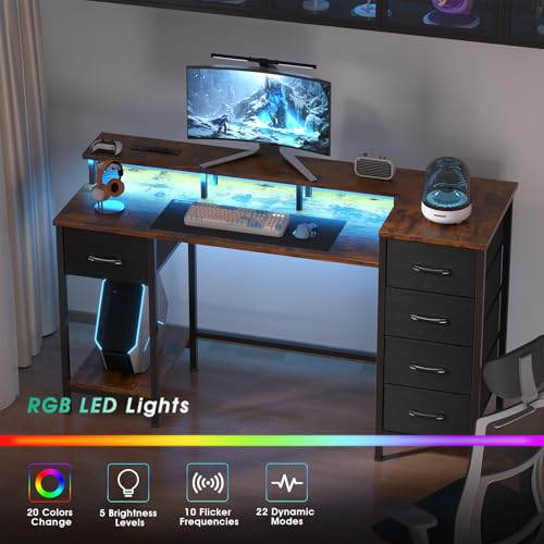 Rustic Brown Computer Gaming Desk with Power Outlets LED Lights Adjustable Fabric Storage Drawers R19076