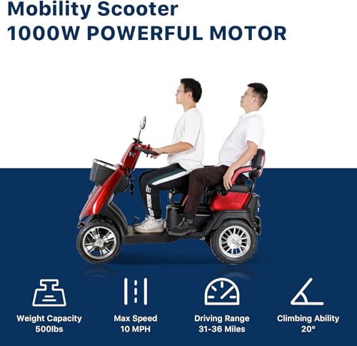Red 4 Wheel All Terrain Mobility Scooter with 2 Seats, 500lbs Capacity Y1585