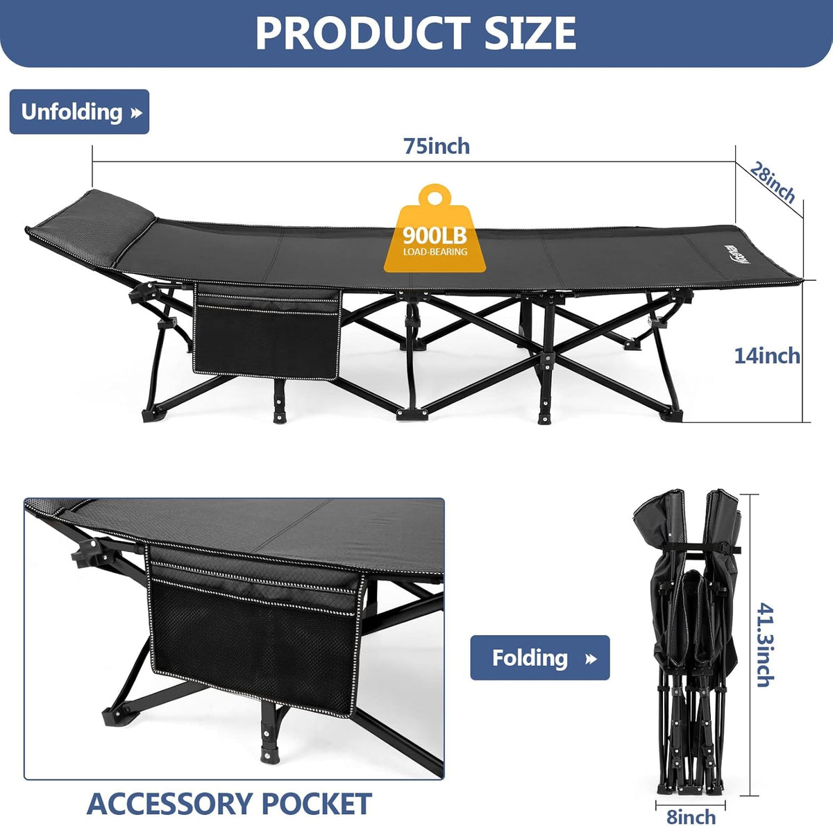Folding Camping Cot with Carry Bag Black L4932