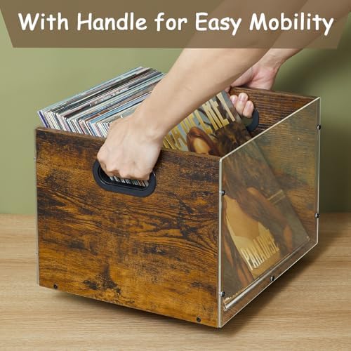 Bamboo & Acrylic Vinyl Record Crate with Handle L374