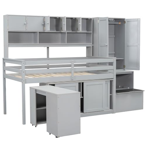White Low Wood Loft Bed Twin Size with Rolling Desk and Drawers P1324