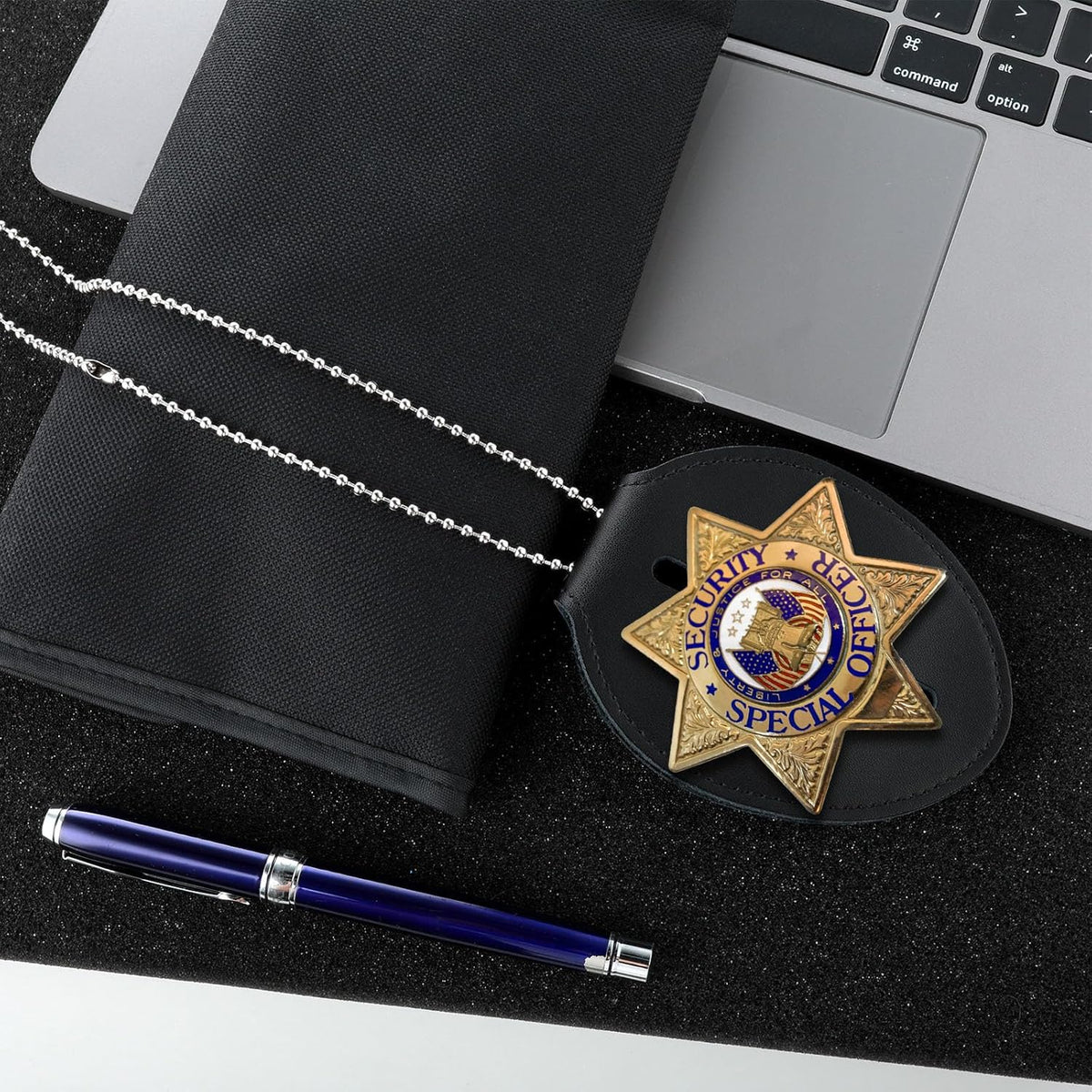 Black Cowhide Badge Holder with Belt Clip T98158