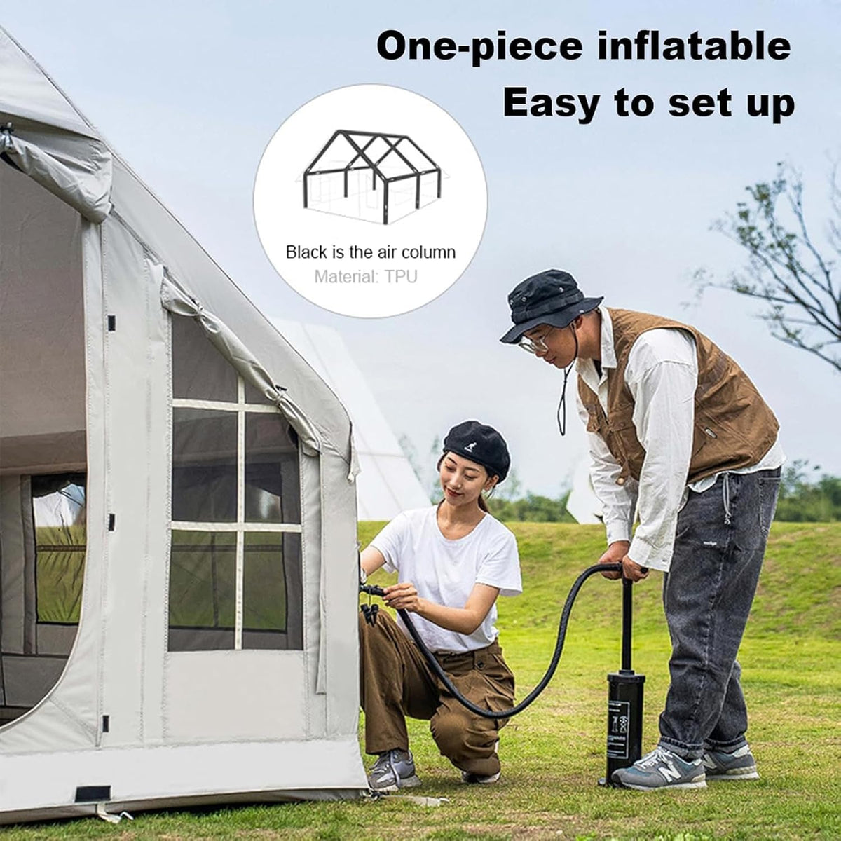 Inflatable Camping Tent with Chimney Opening, 6-8 People with Air Pump & Skylight, 4 Seasons I629
