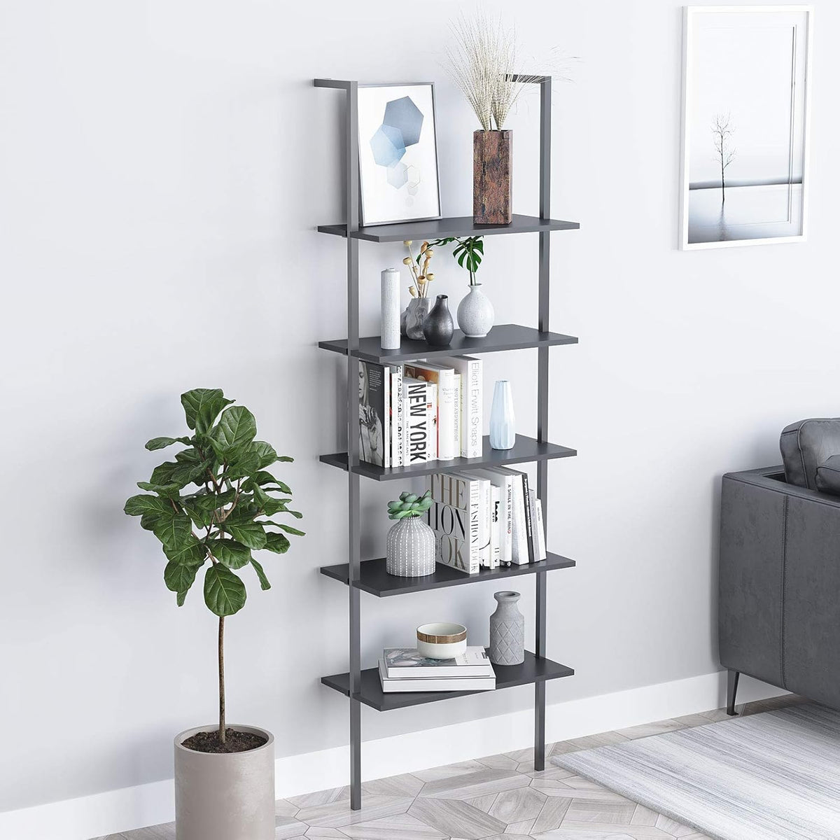 5-Shelf Black Wood Bookcase with Metal Frame B624087
