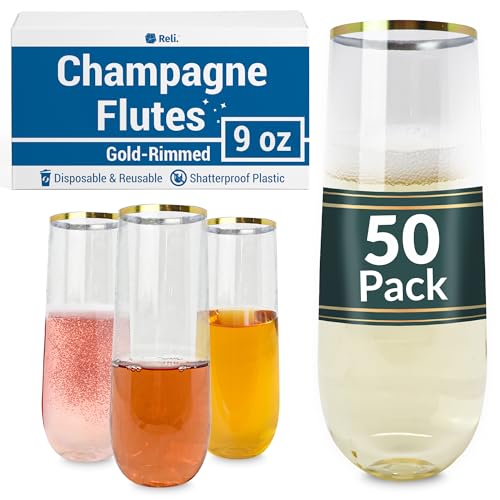 50 Pack 9oz Clear Gold Rim Stemless Plastic Champagne Flutes Q420