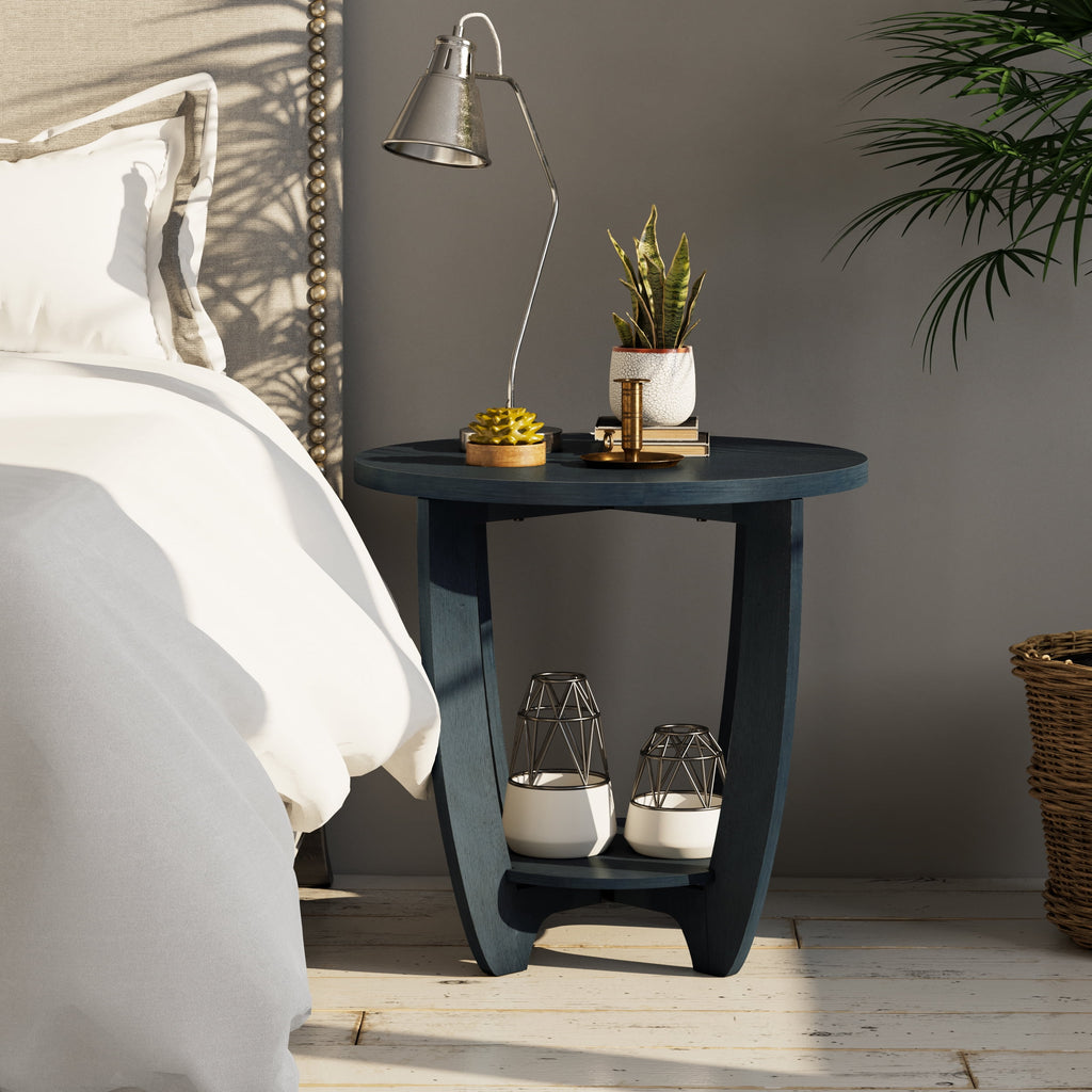 Rustic Round End Table with Storage Shelf O158704