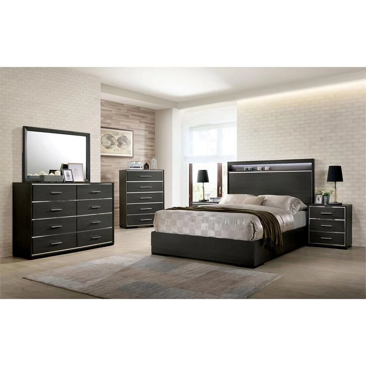 Warm Gray Wood King Panel Bed with LED Lights W92002