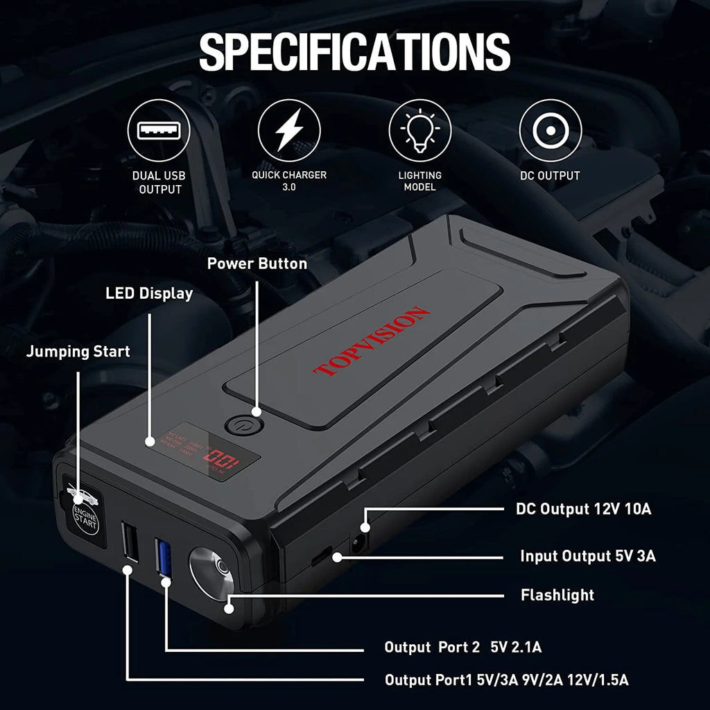 12V Car Jump Starter with Dual USB Quick Charge and DC Output J934278