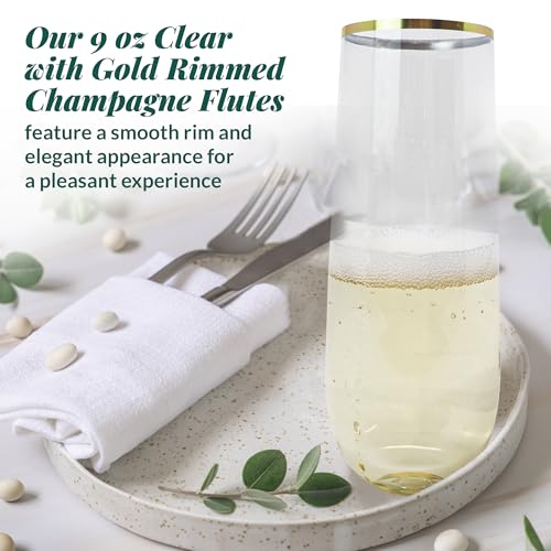 50 Pack 9oz Clear Gold Rim Stemless Plastic Champagne Flutes Q420