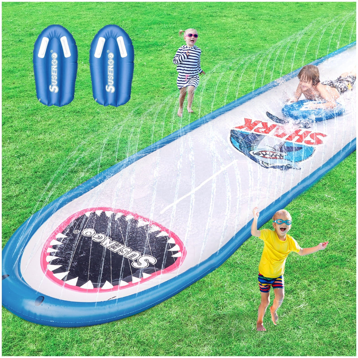 Inflatable Lawn Water Slide with 2 Bodyboards, 15.7x4.3ft Y112