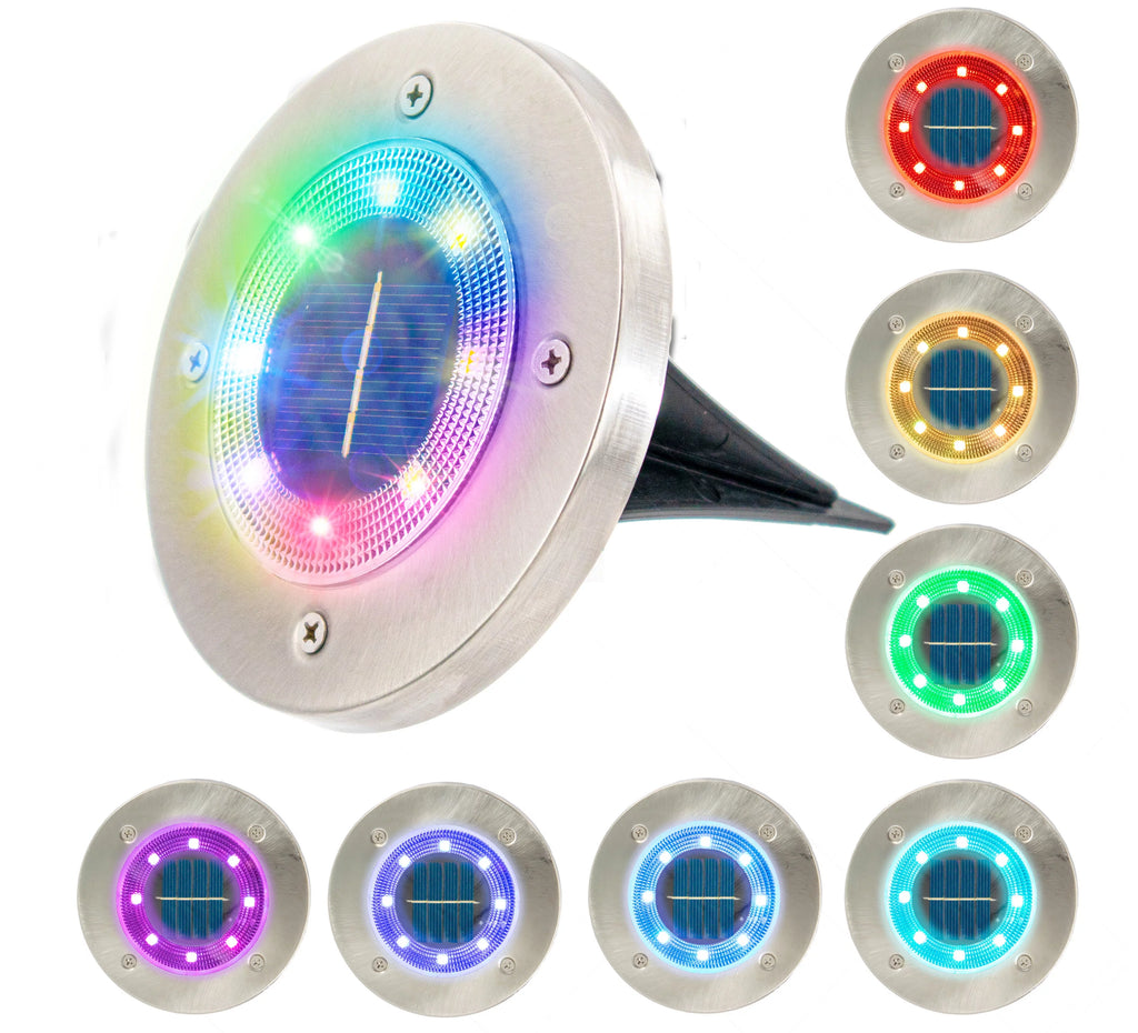 Color Changing 8 LED Disk Path Ground Lights Stainless Steel Waterproof 4 Pack T483755